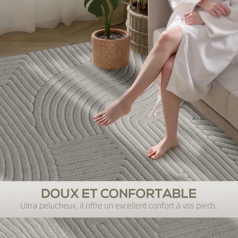 HOMCOM Tapis salon 160 x 120 cm, tapis à poils épais géométrique, moelleux et antidérapant, gris