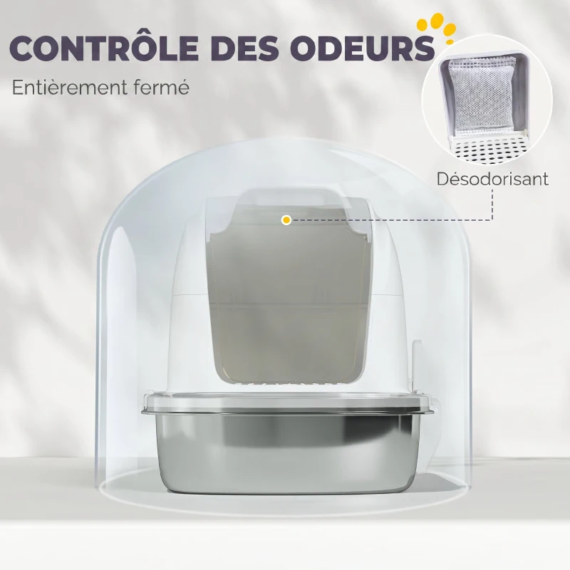 PawHut Bac à Litière pour Chat en Acier Inoxydable Caisse Litière Fermée pour Chats Couvercle Contrôle des Odeurs XL Blanc