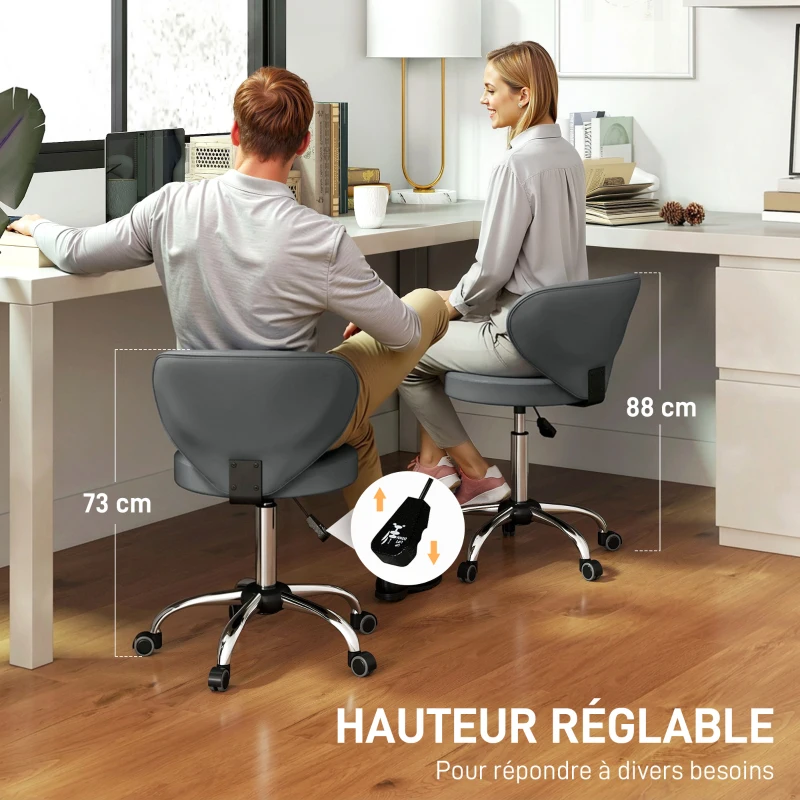 HOMCOM Tabouret à roulettes, tabouret de massage en PU avec hauteur réglable 73-88 cm et dossier, pivotant 360°, gris