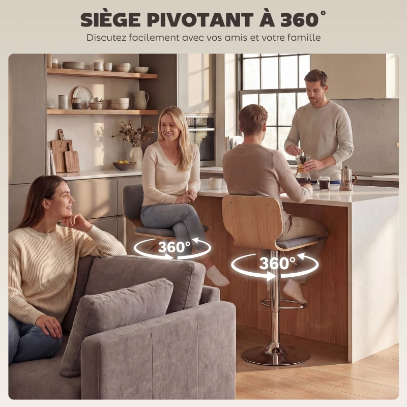 HOMCOM Lot de 2 tabourets de bar chaises de bar réglable en hauteur dossier repose-pieds pivotant 360° 41x47,5x81-102cm gris