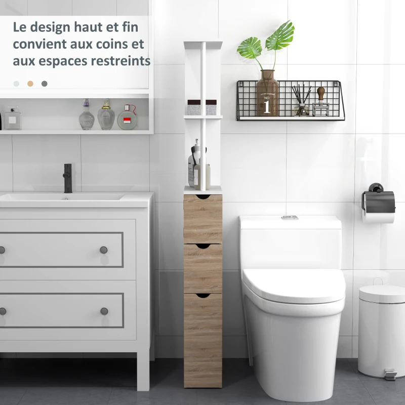 HOMCOM Meuble colonne salle de bain armoire de salle de bain avec tiroirs étagères ouvertes placard 15 x 33 x 136,8 cm blanc