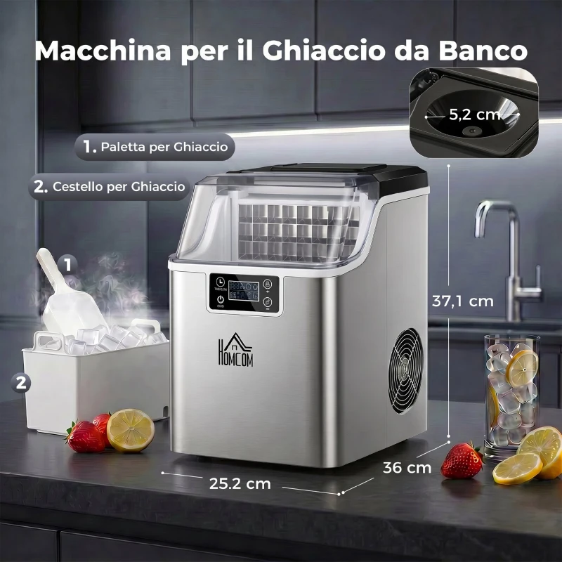 HOMCOM Macchina del Ghiaccio Autopulente da 24 Cubetti ogni 14-18 Minuti con Display LCD, in Acciaio Inox, 25.2x36x37.1 cm