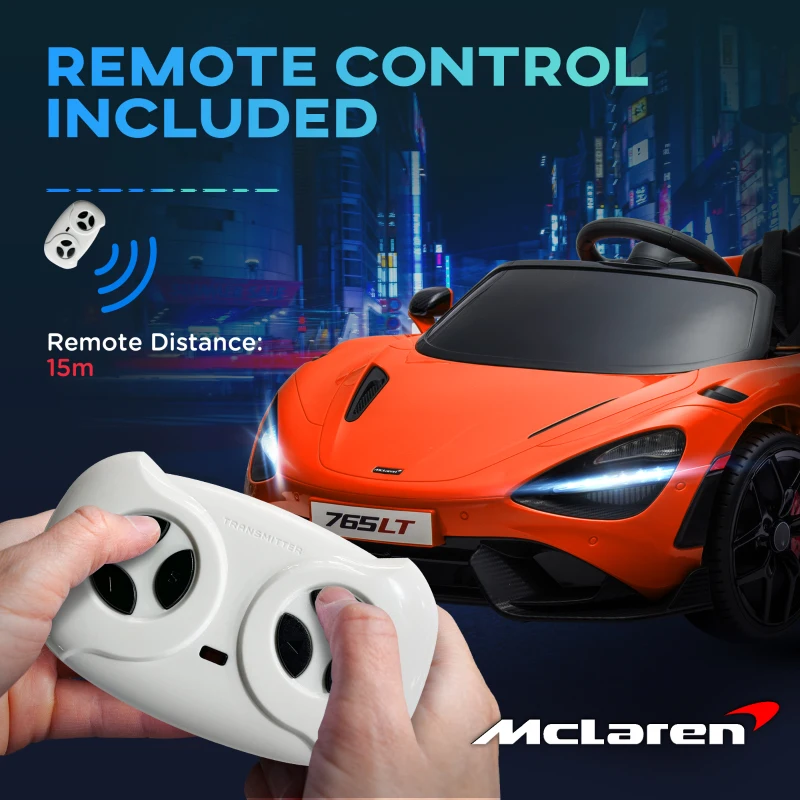 AIYAPLAY McLaren 765LT Licensed 12V Kids Electric Ride on Car with Butterfly Doors, Remote Control, Transport Wheels, Orange