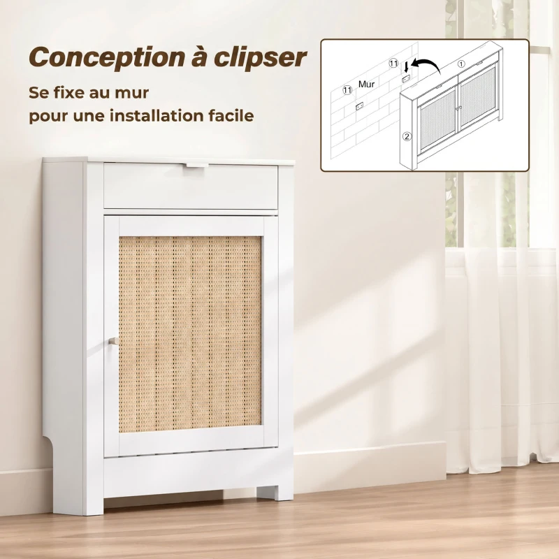 HOMCOM Cache-Radiateur avec Placard Rabattable et Porte en Rotin, Couvercle de Radiateur en Bois avec Compartiment, Blanc