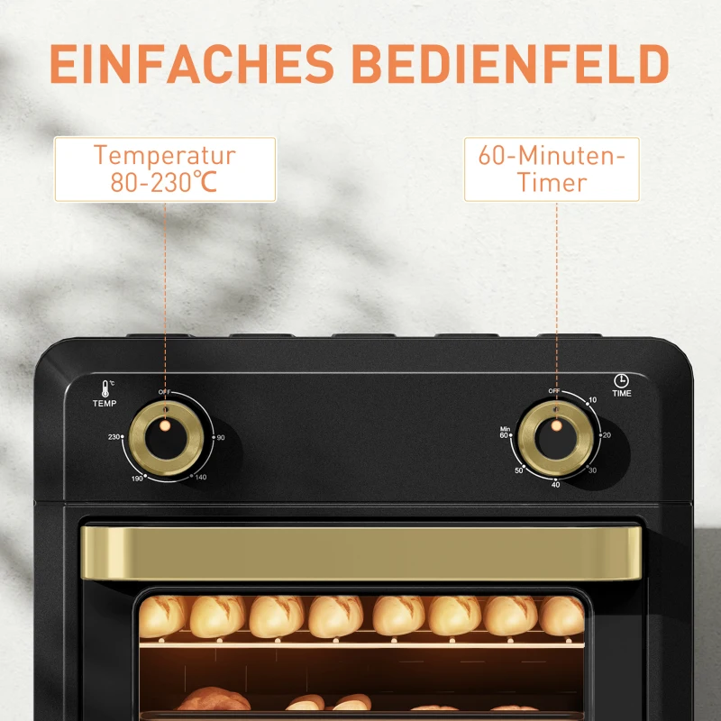 HOMCOM Minibackofen mit Umluft, Heißluftfritteuse, Timer, Innenbeleuchtung, 10L, Schwarz