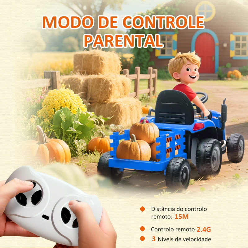 AIYAPLAY Trator Elétrico para Crianças com Reboque Desmontável Bateria 12V Velocidade 3-5 km/h Controle Remoto 2,4G 139x58x55 cm Azul