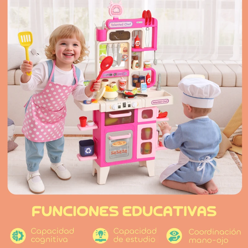 AIYAPLAY Cocina de Juguete con Luces Sonido Accesorios Fregadero Utensilios Alimentos Falsos para Niños a Partir de 3 Años Rosa