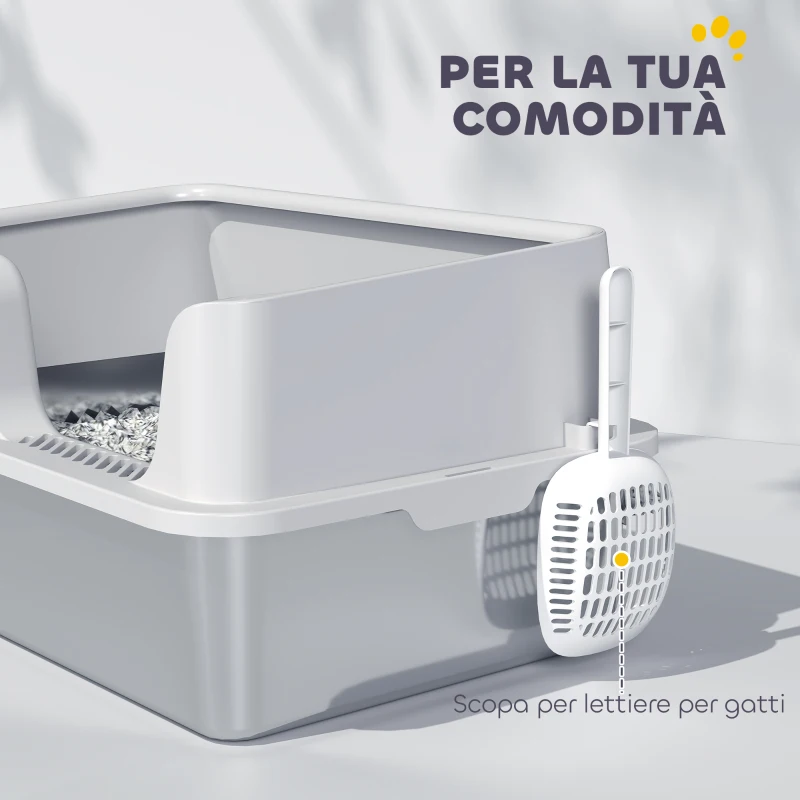 PawHut Lettiera per Gatti con Bordi Rialzati, Vassoio e Paletta, in Acciaio Inox e PP, 60x40x28 cm, Grigio Chiaro