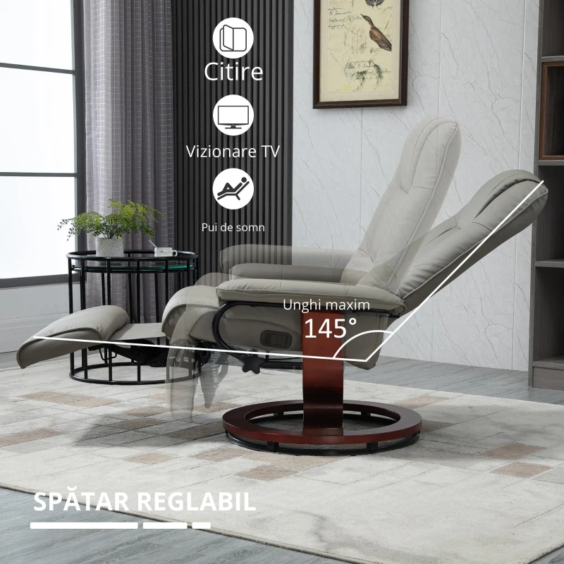 HOMCOM Fotoliu relax Fotoliu TV Fotoliu recliner Piele ecologică Scaun rotativ 360° Înclinat 145° Gri 78 x 87 x 100 cm
