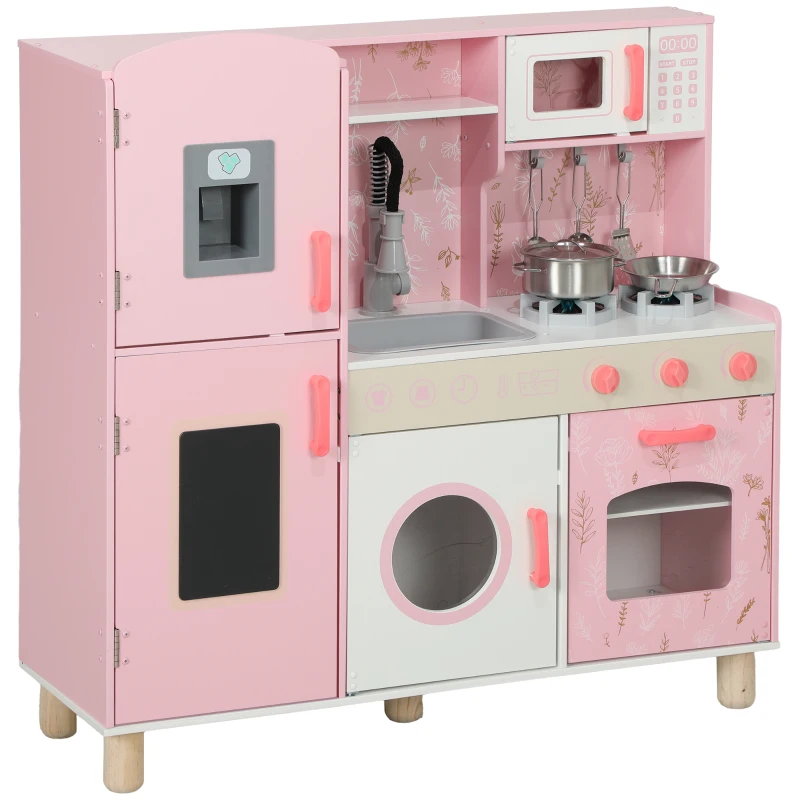 AIYAPLAY Cuisine Enfant avec Glaçons, Micro-ondes, Four, Plaque, Évier, Machine à Laver, Tableau, 90x 33,3x91,6cm, Rose