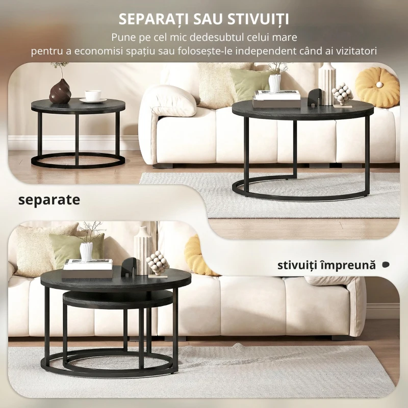 HOMCOM Set modern de 2 măsuțe de cafea, măsuțe laterale suprapuse cu cadru metalic pentru living, dormitor, birou, Negru