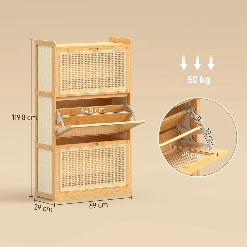 HOMCOM Meuble à chaussures 14 paires, armoire à chaussures 3 tiroirs rabattables, étagères réglables 69x29x119,8cm bois naturel