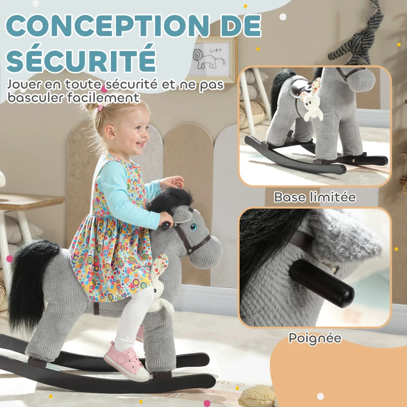 AIYAPLAY Cheval à bascule pour enfants, jouet à bascule bébé en peluche avec eouetffet sonore et poupée, 65 x 26 x 55 cm, gris