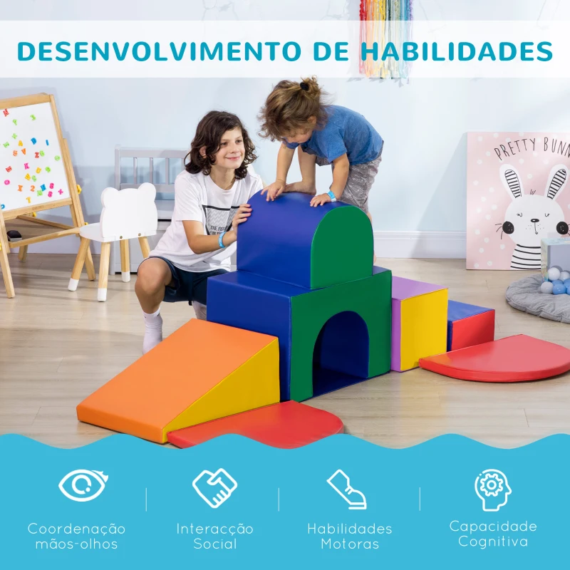HOMCOM Conjunto de 7 Blocos de Psicomotricidade para Crianças Blocos de Constução Brinquedo para Aprendizagem Multicor