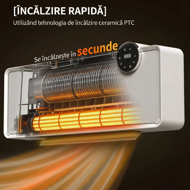HOMCOM Aerotermă Electrică Ceramică de Perete 2000W cu 3 Moduri, Temperatură Reglabilă, Timer și Telecomandă, Alb