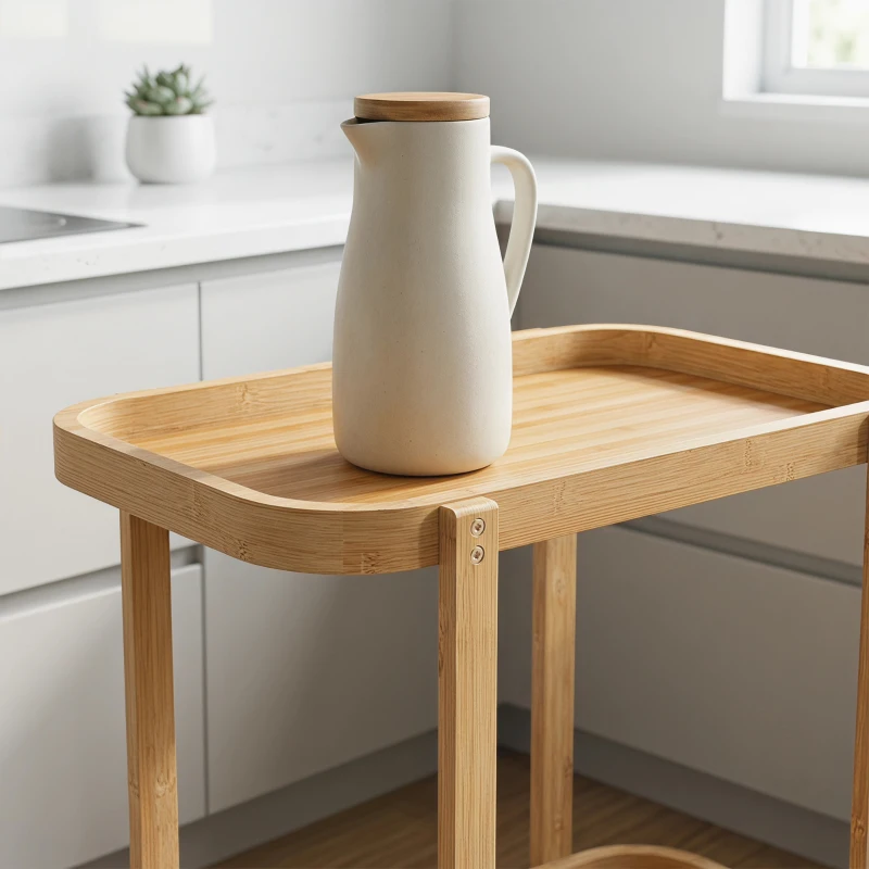 HOMCOM Cărucior de bucătărie din bambus 2 niveluri Cărucior auxiliar pentru bucătărie cu roți 2 rafturi 54x36,5x60 cm Natural