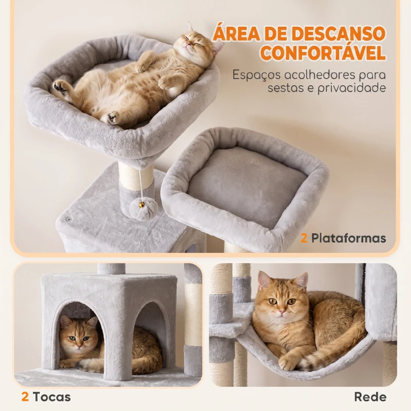 PawHut Arranhador para Gatos 204 cm Multinível com 2 Tocas Rede 2 Camas Postes de Sisal e Escada Cinza Claro