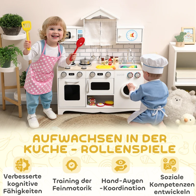 AIYAPLAY Kinderküche Spielküche mit Ofen Spüle Soundfunktion und Zubehör Geschenk für Mädchen Jungen 3-6 Jahren Weiß