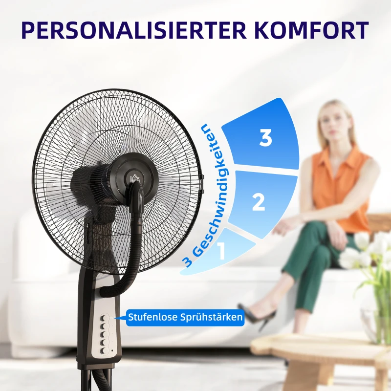 HOMCOM Ventilator met Nevelsprayfunctie, 3 Liter-Tank, 75 Graden Draaibaar, 3 Snelheden, Verrijdbaar, 125 cm, Zwart