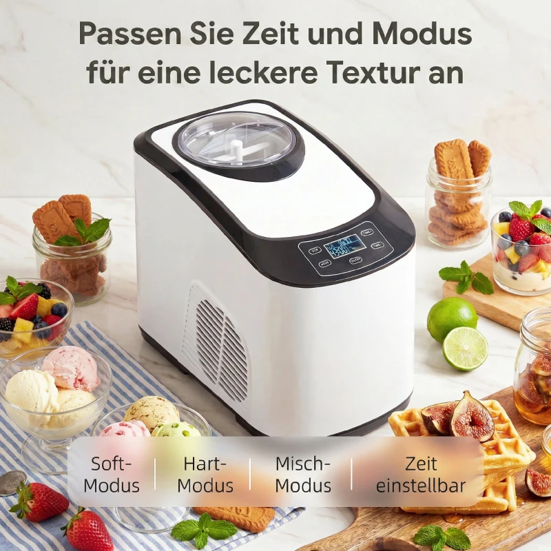 HOMCOM Eismaschine ohne Vorfrieren mit eingebautem Kompressor, 1,5L, Weiß