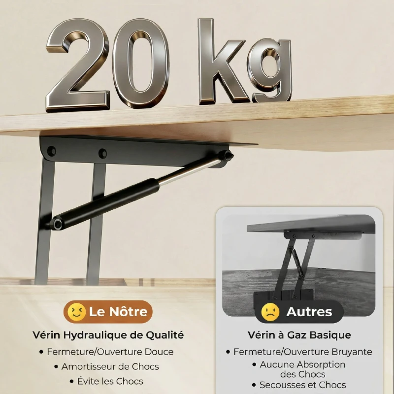 HOMCOM Table basse relevable avec double plateau, table de salon avec compartiment caché et pieds en métal, bois naturel