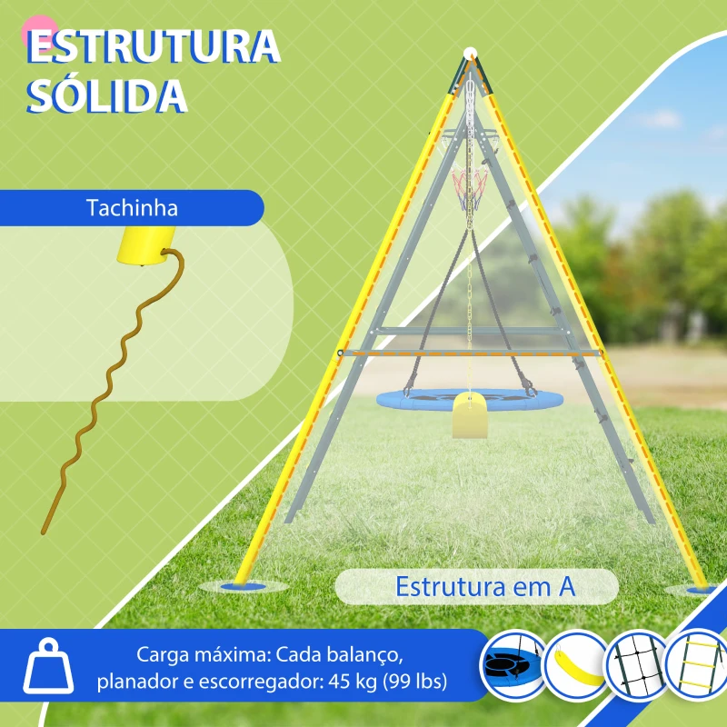 Outsunny Baloiço Infantil 4 em 1 com Baloiço Ninho e Individual Rede de Escalada Cesto de Basquetebol Escada Amarelo