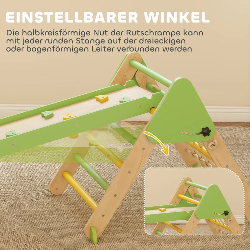 AIYAPLAY 8-in-1 Montessori Klettergerüst Indoor Holz Kletterdreieck mit Kletterbogen, doppelseitiger Rutsche, Grün