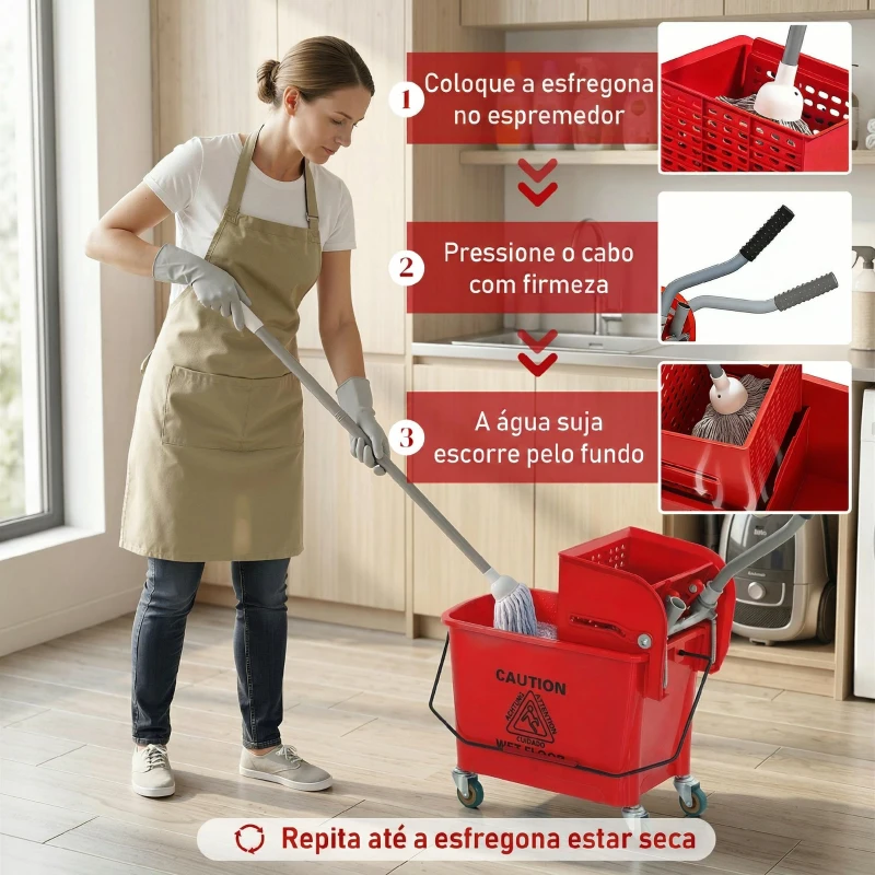 HOMCOM Balde de Limpeza com Escorredor Painel Separador e Rodas Capacidade de 20L para Limpezas Domésticas 45x26,5x70 cm Vermelho
