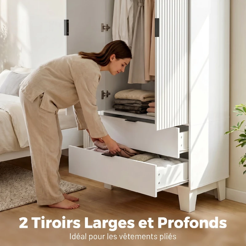 HOMCOM Armoire chambre penderie avec 2 portes à fermeture douce, 2 tiroirs et barre de suspension, 80x50x180cm, blanc