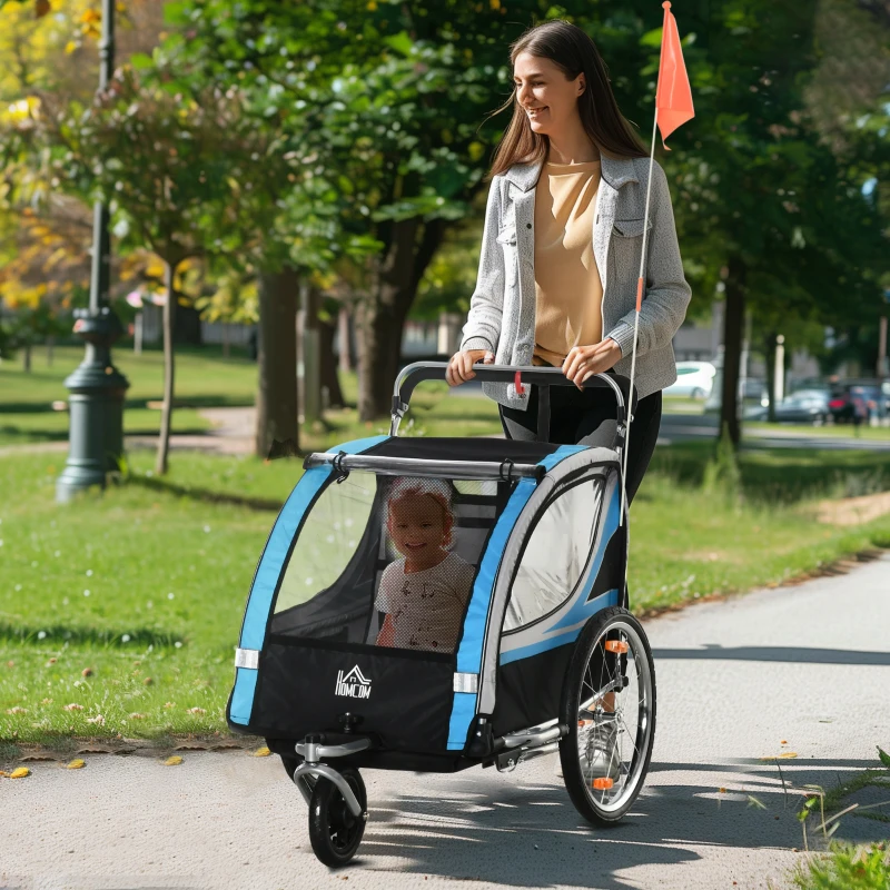 HOMCOM Rimorchio Bici per Bambini e Passeggino 2 in 1 con Cintura,  Tasche e Bandierina, Blu