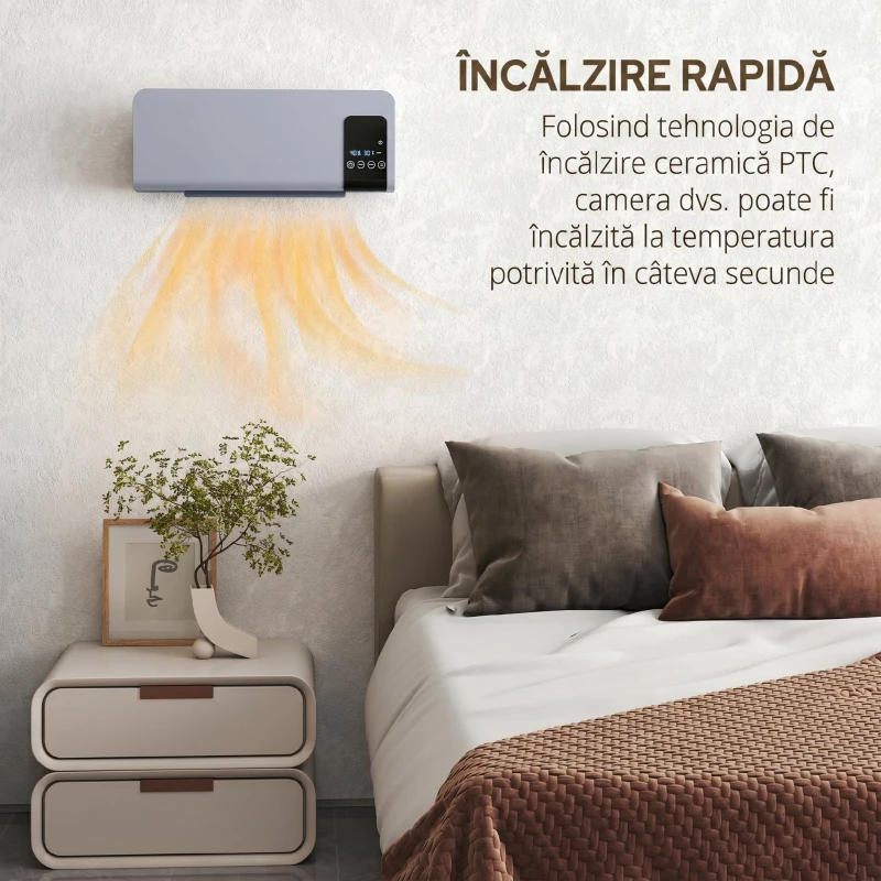 HOMCOM Ventilator Termic de Perete Oscilant cu Telecomandă, Temporizator 12h și 2 Moduri, 54.5x12x21.5 cm, Gri