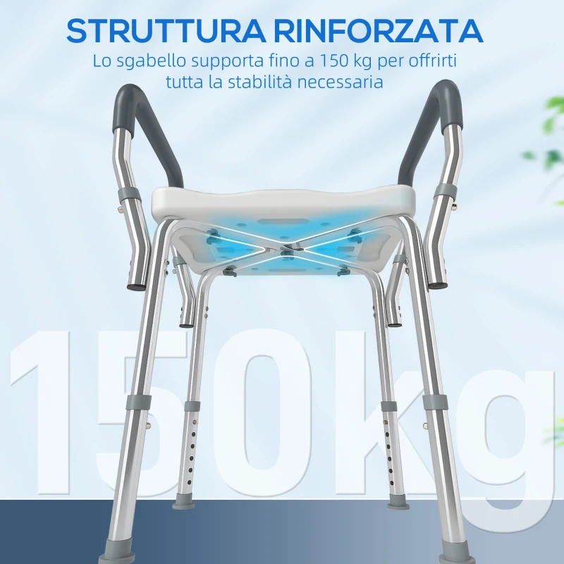 HOMCOM Sgabello per Doccia Regolabile con Braccioli e Fori di Drenaggio, in Alluminio, HDPE e EVA, 52x45x57-69 cm