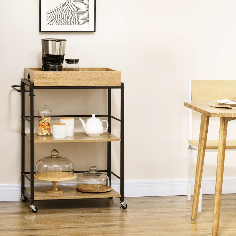 HOMCOM Carrello da Cucina a 3 Ripiani con Vassoio Rimovibile e Ruote Girevoli, 72x40x94cm, Legno e Nero