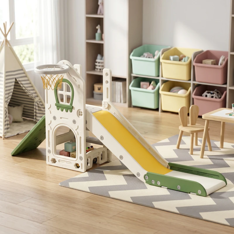 AIYAPLAY Faltbare 5-in-1 Kleinkinderrutsche mit Kletterelement, Basketballkorb, Stauraum und Basketball für Kinder von 1-3 Jahren, Cremeweiß