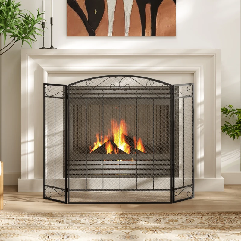 HOMCOM Parascintille Caminetto con 3 Pannelli Pieghevoli in Metallo e Acciaio Nero 105x1.6x80.5cm