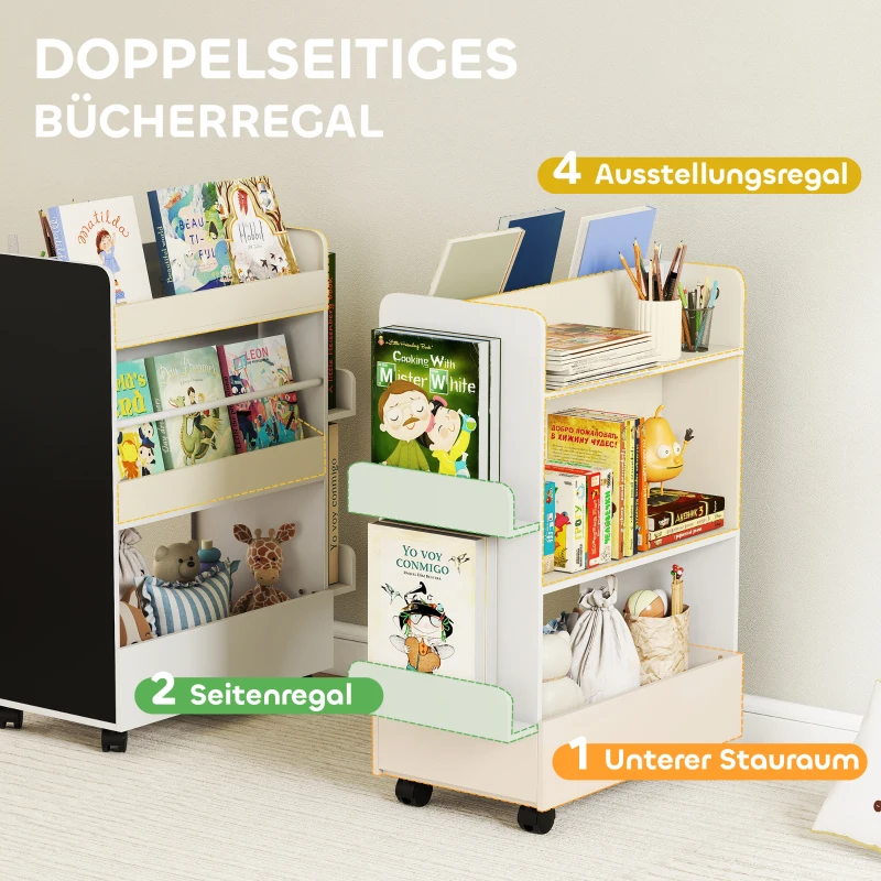 AIYAPLAY Kinder Bücherregal mit 4 Regalen, Bodenfach, 2 Seitenteile, Tafel, Rollen, für 3–8 Jahre, 66,5x32,5x86,5 cm Weiß