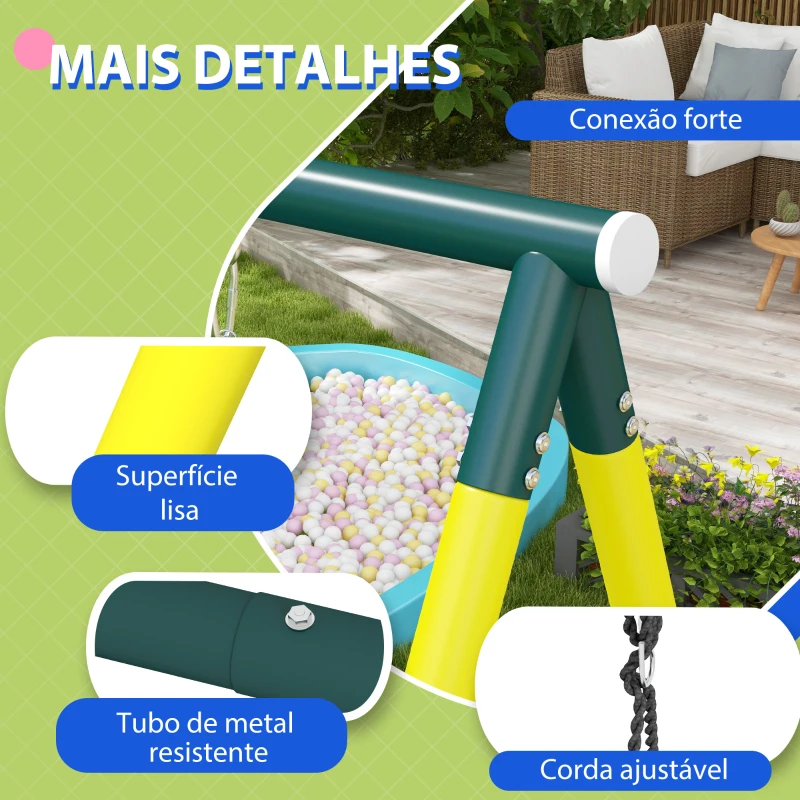 Outsunny Baloiço Infantil 4 em 1 com Baloiço Ninho e Individual Rede de Escalada Cesto de Basquetebol Escada Amarelo