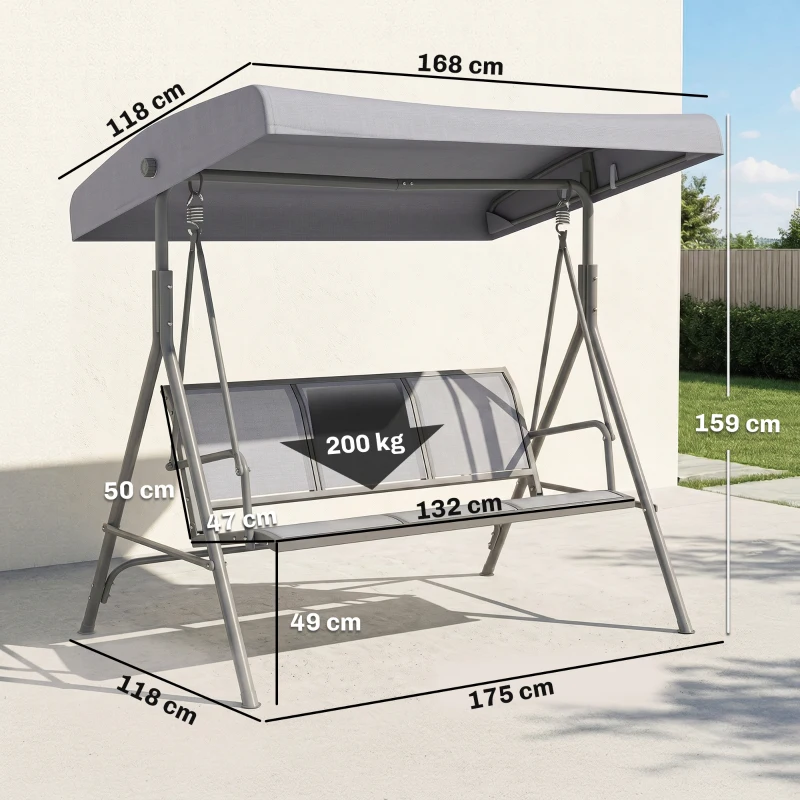 Outsunny Balancelle de Jardin 3 Places Toit Inclinaison réglable Assise et Dossier Ergonomique Acier textilène Gris
