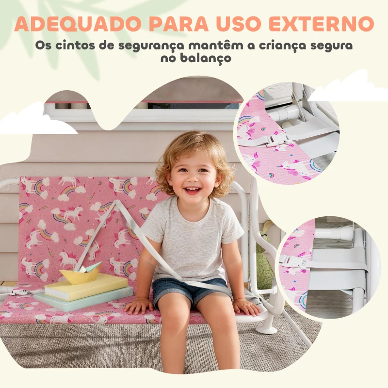 AIYAPLAY Baloiço de Jardim Exterior Infantil de 2 Lugares com Toldo Ajustável, Cintos de Segurança e Design de Unicórnio e Arco-Íris Rosa