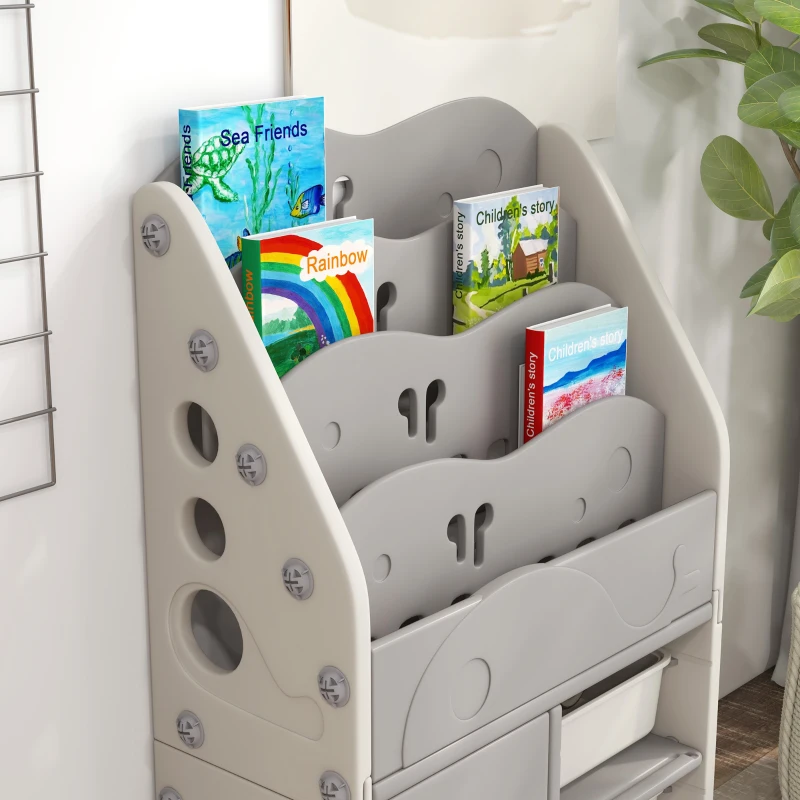 AIYAPLAY Kinderschrank, 4 Regalböden, 2 Aufbewahrungsboxen, HDPE, 67x29x98cm, Hellgrau