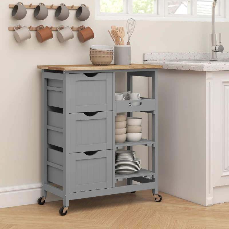 HOMCOM Chariot desserte de cuisine à roulettes plan de travail en bois 3 tiroirs et 1 plateau amovible 67 x 37 x 85,5 cm gris