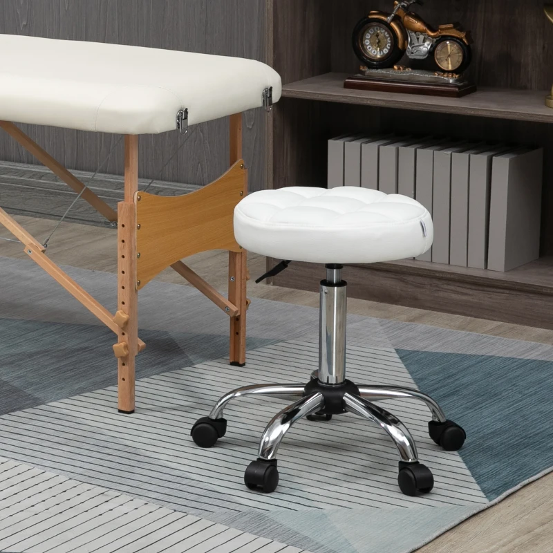 HOMCOM Sgabello Girevole Rotondo con Ruote, Altezza Regolabile e Rivestimento in Finta Pelle, Bianco