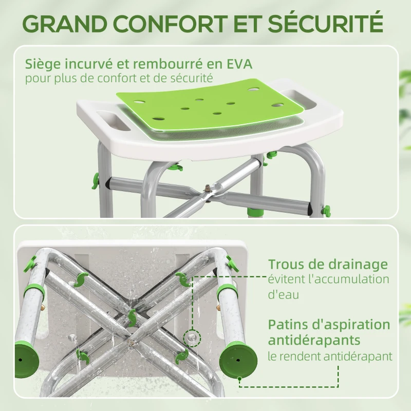 HOMCOM Tabouret de douche chaise de douche - assise rembourré et réglable, patins à ventouses antidérapants, en aluminium vert