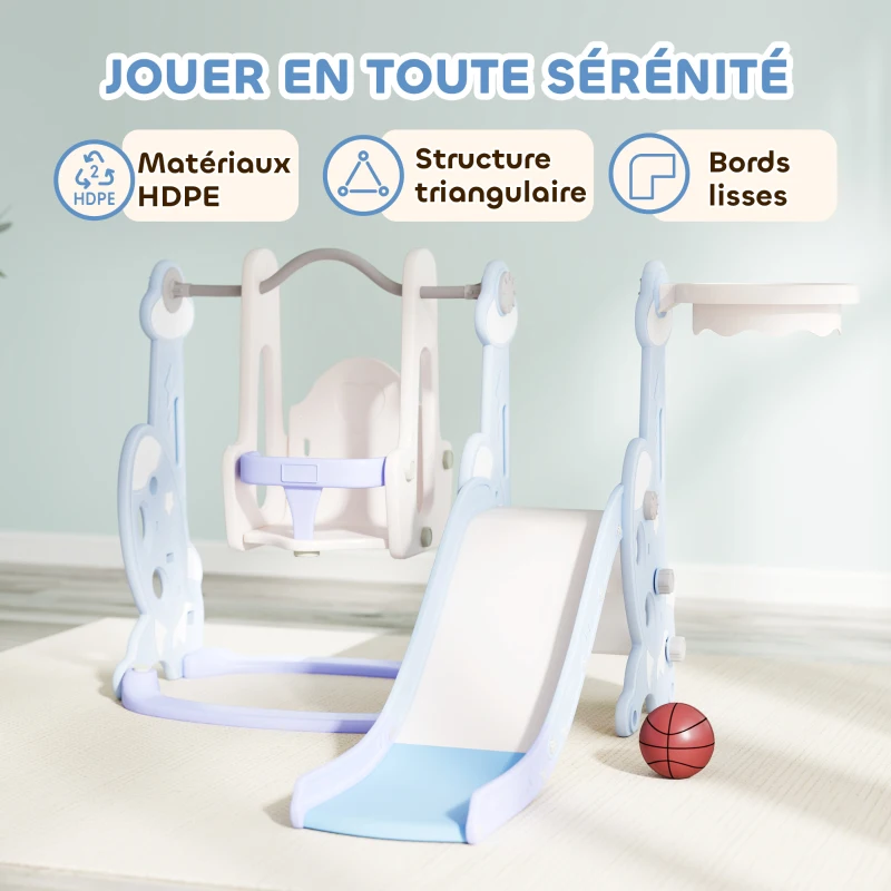 AIYAPLAY Toboggan et balançoire pour enfants 4 en 1 avec panier de basket et échelle, 147,5 x 160 x 107 cm, bleu clair