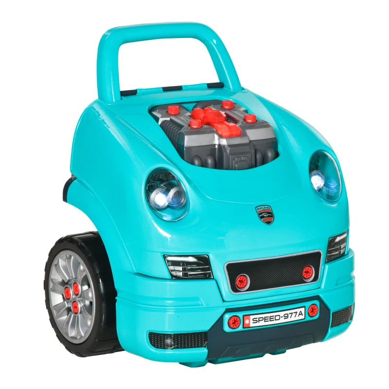 HOMCOM Juego Infantil de Motor con Herramientas 61 Piezas Volante Bocina Faros Caja de Almacenaje y Ruedas 40x39x47 cm Turquesa