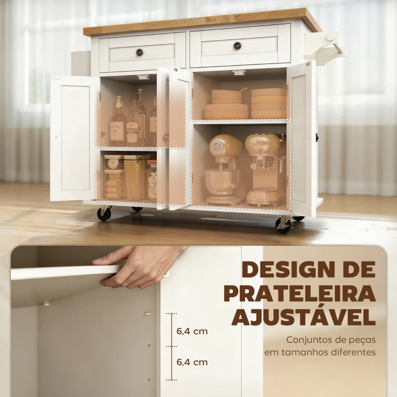 HOMCOM Ilha de Cozinha com Rodas 2 Gavetas 4 Portas Suporte para Temperos e Barra Lateral 111x44,5x82,5cm Branco e Madeira