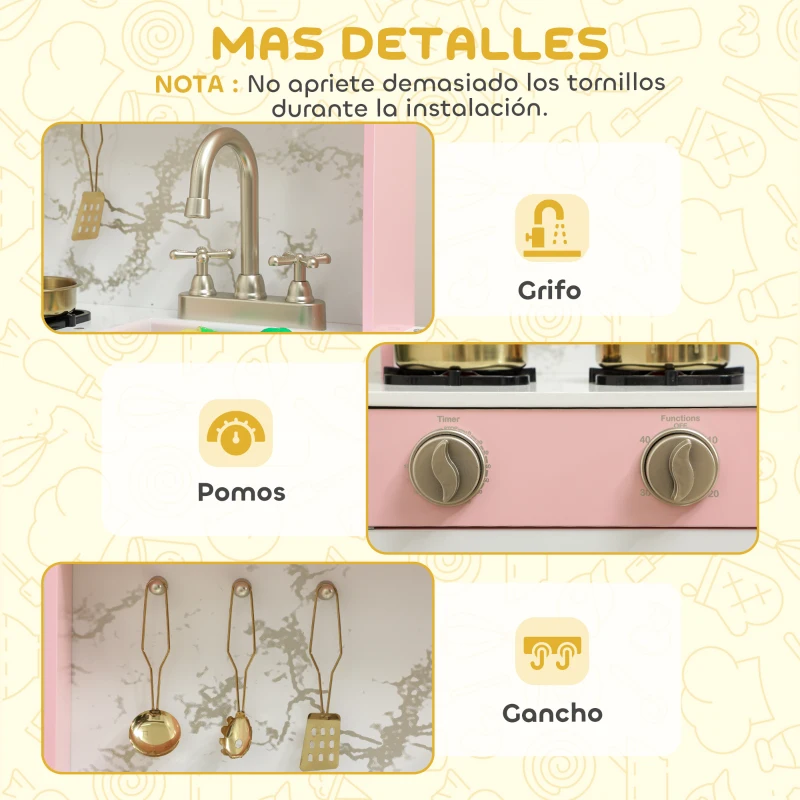 AIYAPLAY Cocina de Juguete de Madera con Sonido con Accesorios de Acero Inoxidable Verduras para Cortar Rosa