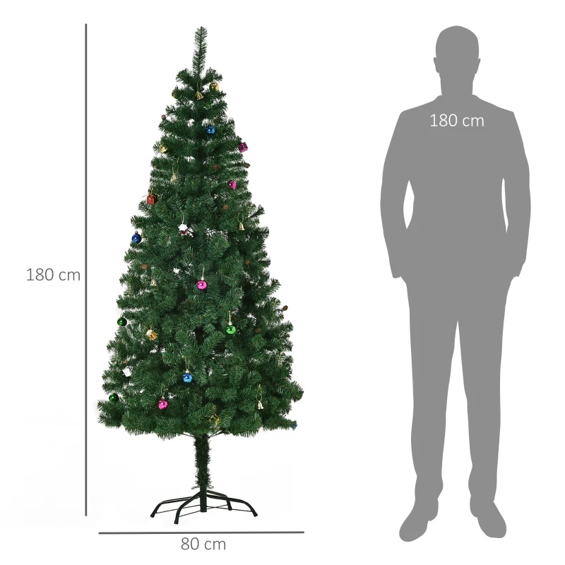 HOMCOM 180cm Albero di Natale Artificiale con 624 Rami in PVC Ignifughi, Albero di Natale Realistico con Decorazioni e Rami Folti, Verde