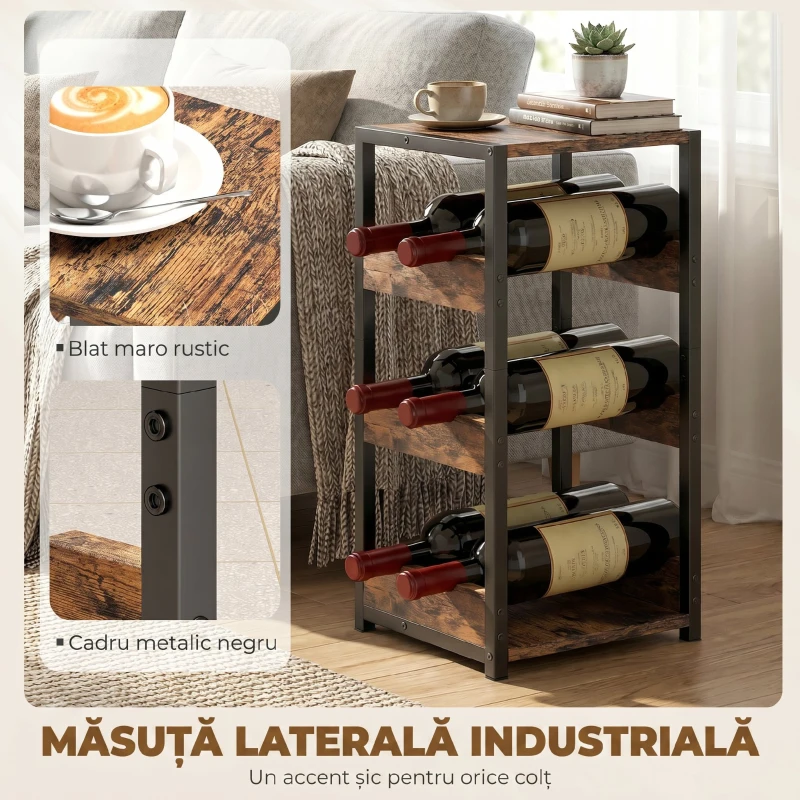HOMCOM Suport pentru Sticle, Rafturi Ondulate, Picioare Reglabile, Maro Rustic, Negru
