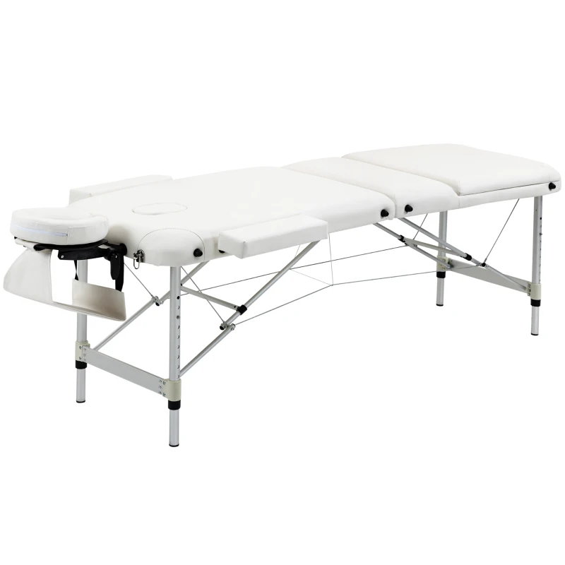 HOMCOM Mobile Massageliege 3 Zonen Klappbar Massagetisch mit Kopfstütze Armlehne Tragetasche höhenverstellbare Aluminium Massagebett tragbar inkl. Zubehör Massagebank bis 225 kg Belast Weiß